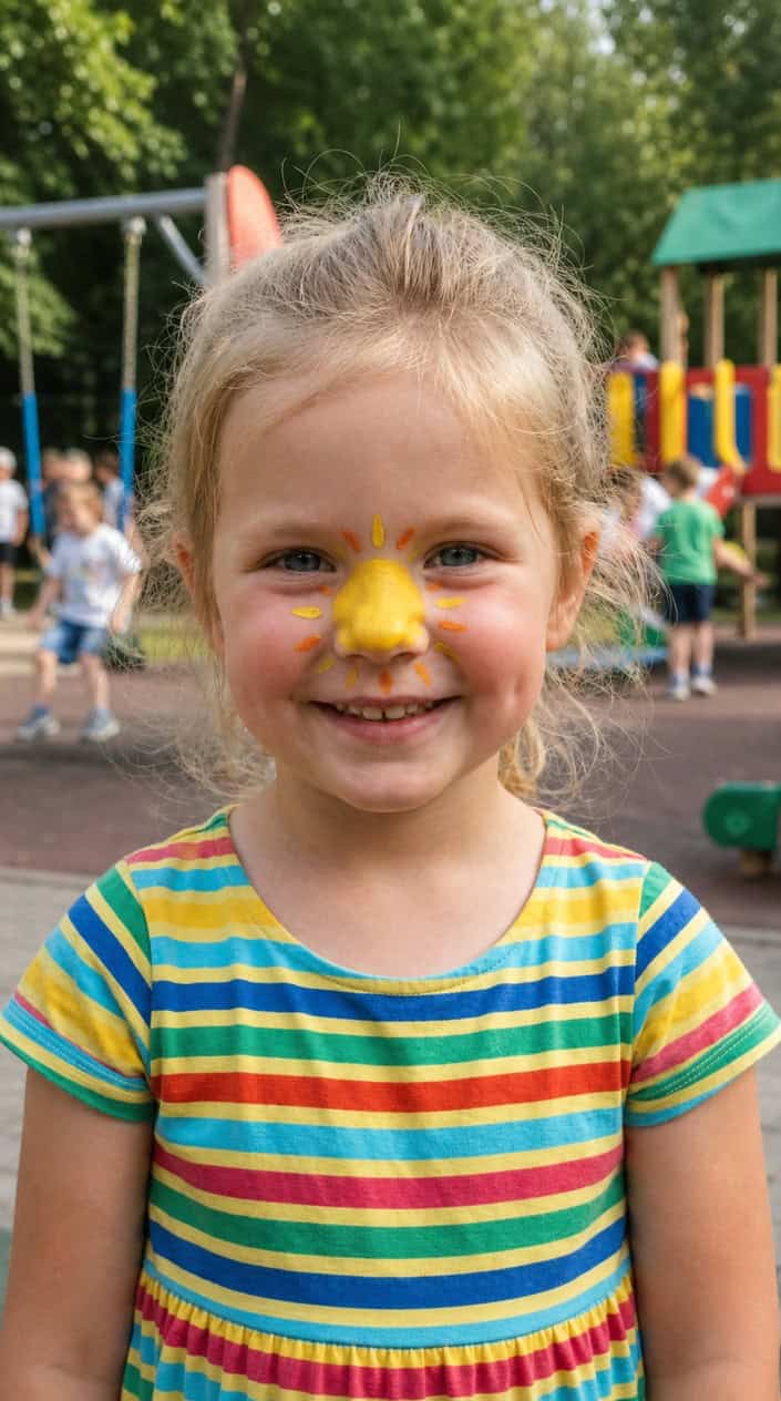 Close-up of a smiling child with bright sunshine face paint on their nose outdoors.