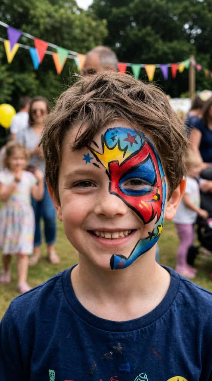 Child with a brightly painted half-face superhero mask smiling at the camera.