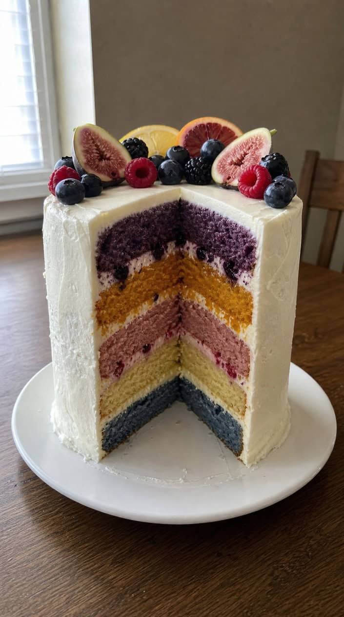 A multi-layered surprise cake with natural fruit-colored layers and fresh fruit decorations on a white surface.