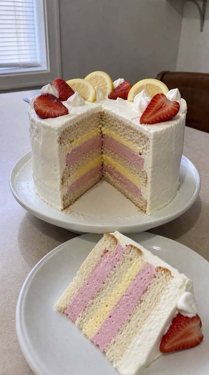 A sliced gender reveal cake showing alternating strawberry and lemon mousse layers on a white cake stand with fresh strawberries and lemon slices nearby.