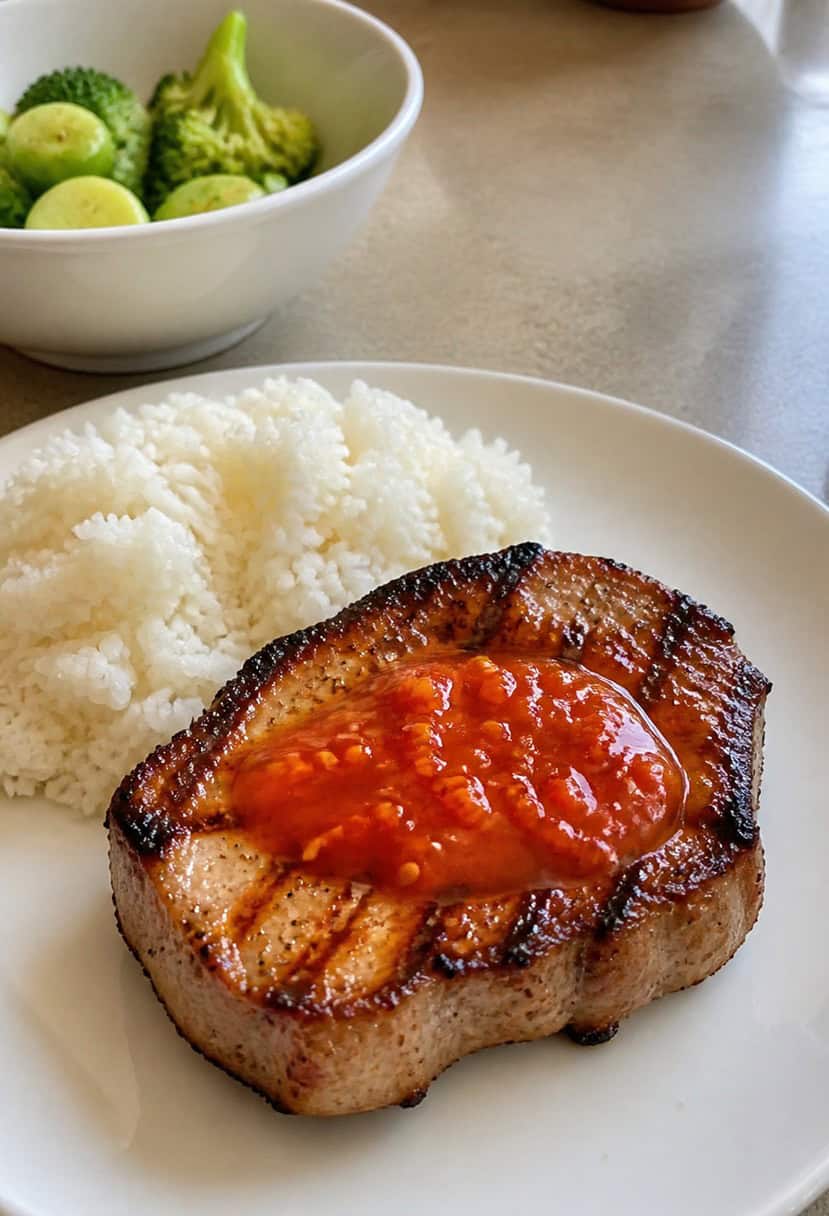 A sizzling pork chop cooking on a hot grill, with a glaze of sweet and spicy sriracha sauce being brushed on top