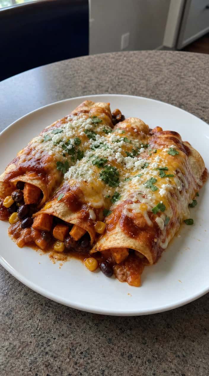 A plate of sweet potato and black bean enchiladas garnished with cilantro and creamy sauce on a wooden table with fresh ingredients around it.