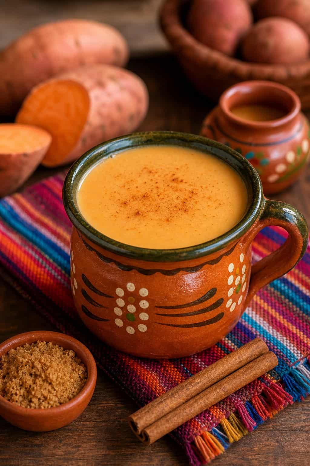 A ceramic mug filled with creamy sweet potato atol on a wooden table with sweet potatoes and cinnamon sticks nearby.