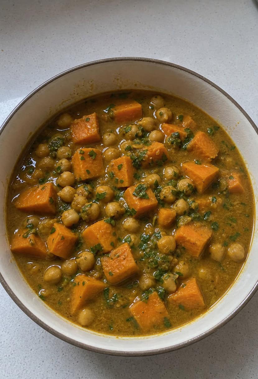 A steaming pot of sweet potato and chickpea curry surrounded by vibrant spices and herbs