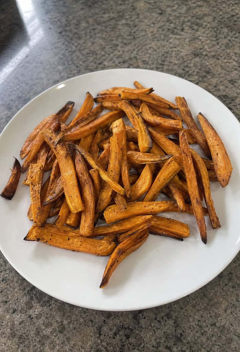 A platter of sweet potato fries surrounded by various appetizers on a rustic wooden table