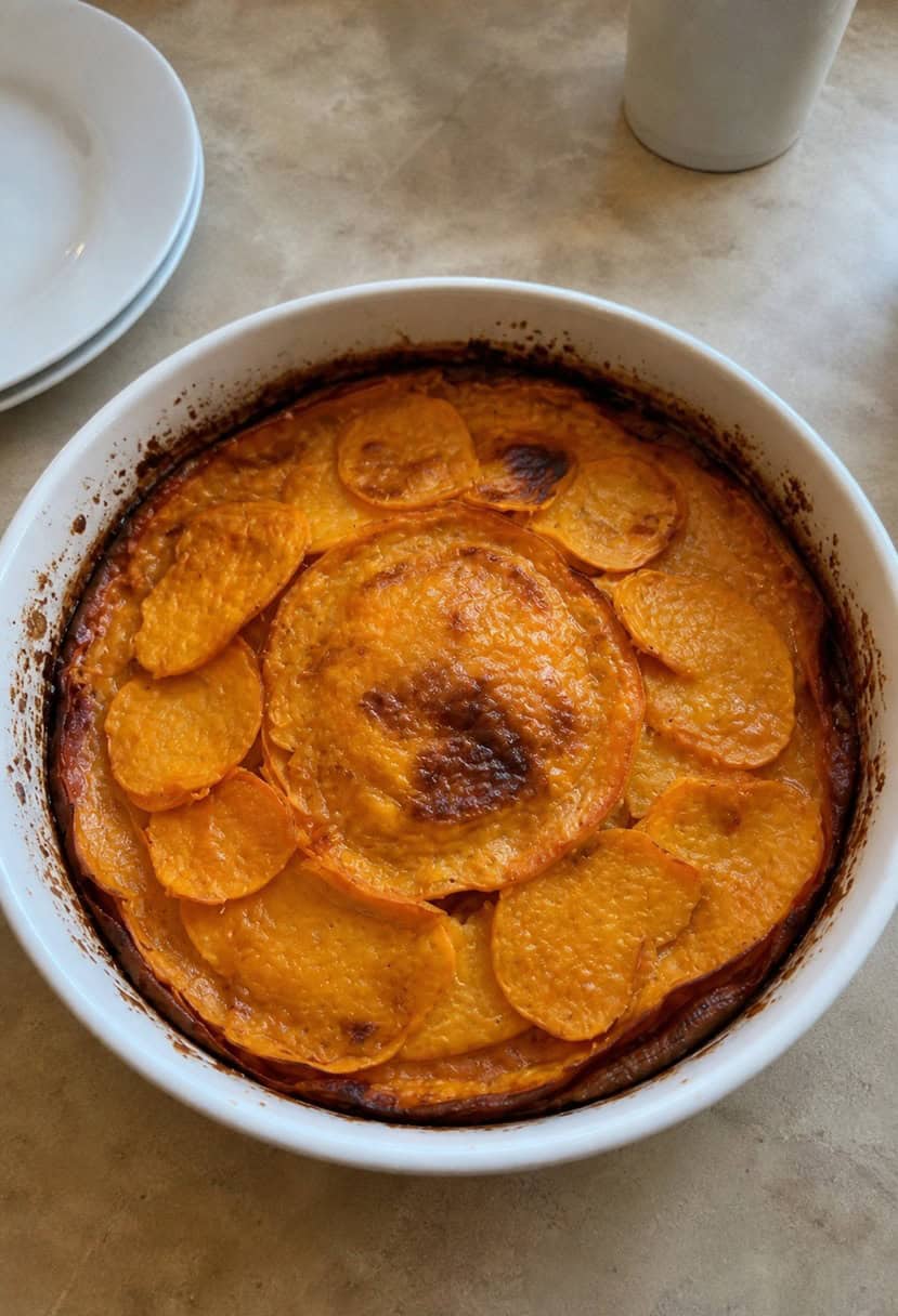 A rustic kitchen table with a golden-brown sweet potato gratin surrounded by fresh herbs and spices
