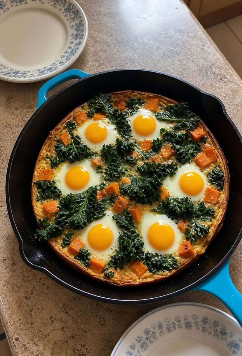 A colorful frittata sizzling in a skillet with sweet potatoes, kale, and eggs, surrounded by a variety of fresh ingredients and cooking utensils