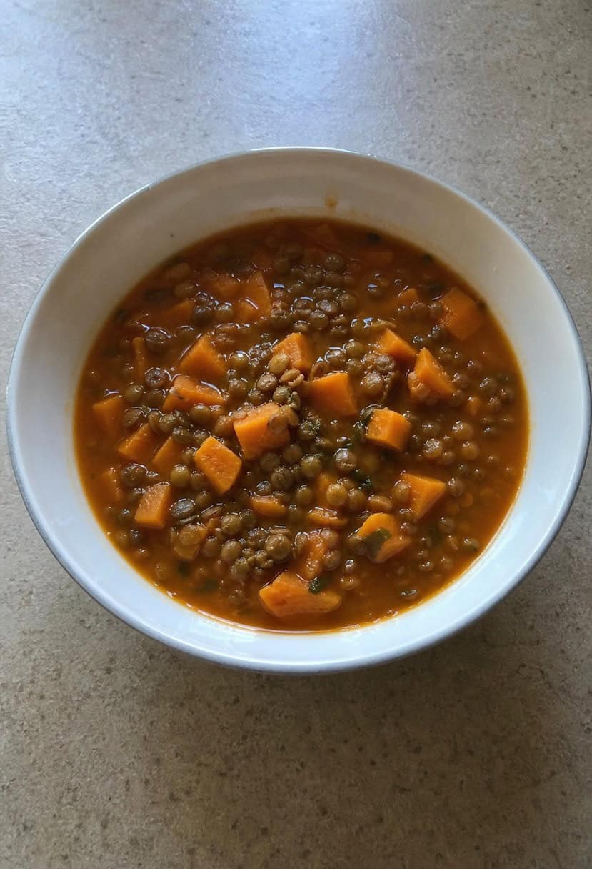 A steaming pot of sweet potato and lentil soup surrounded by fresh ingredients and cooking utensils