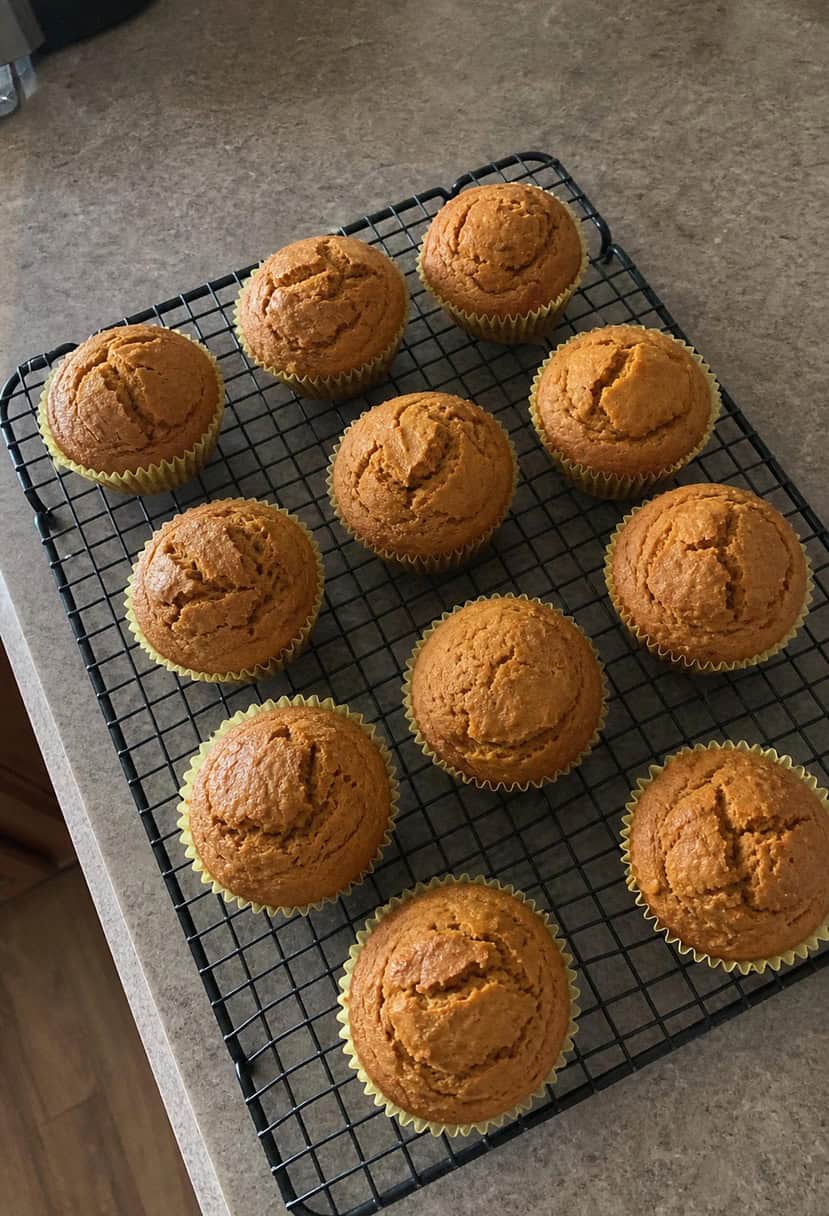 A batch of sweet potato muffins cooling on a wire rack, surrounded by various ingredients and kitchen utensils