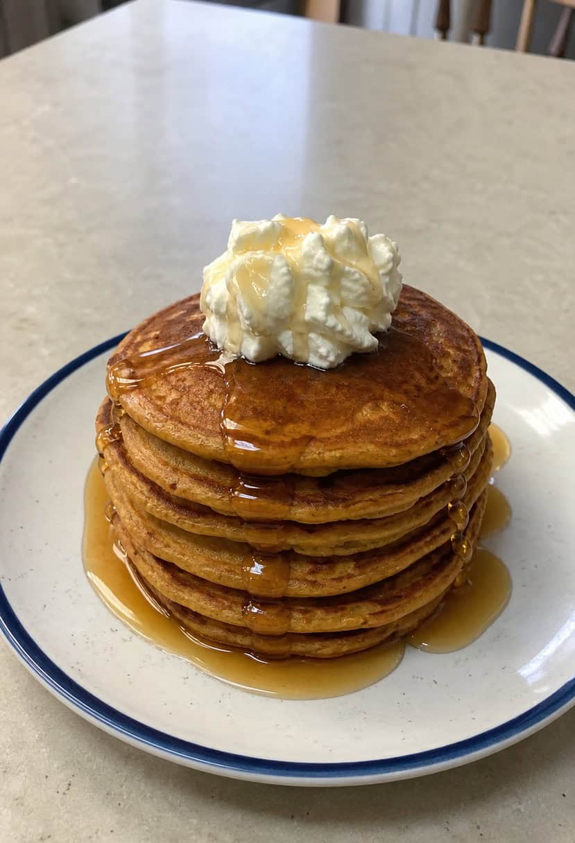 A stack of sweet potato pancakes topped with maple syrup and a dollop of whipped cream, surrounded by scattered sweet potatoes and a variety of cooking utensils