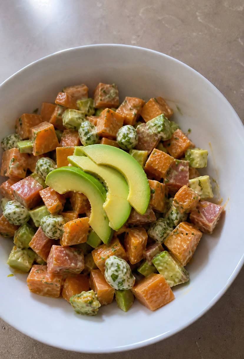 A colorful bowl of sweet potato salad with creamy avocado, surrounded by a variety of fresh ingredients and herbs