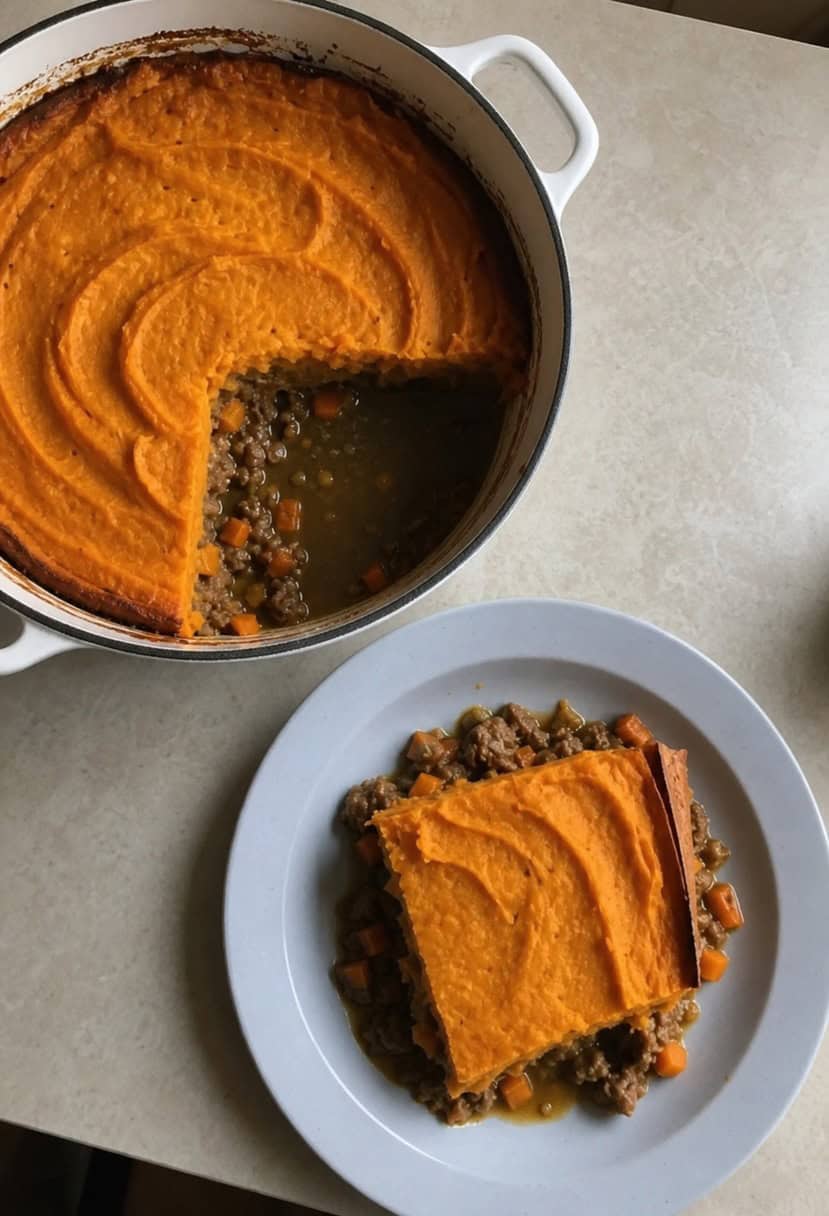 A rustic kitchen scene with a bubbling casserole dish of sweet potato shepherd's pie surrounded by ingredients and utensils