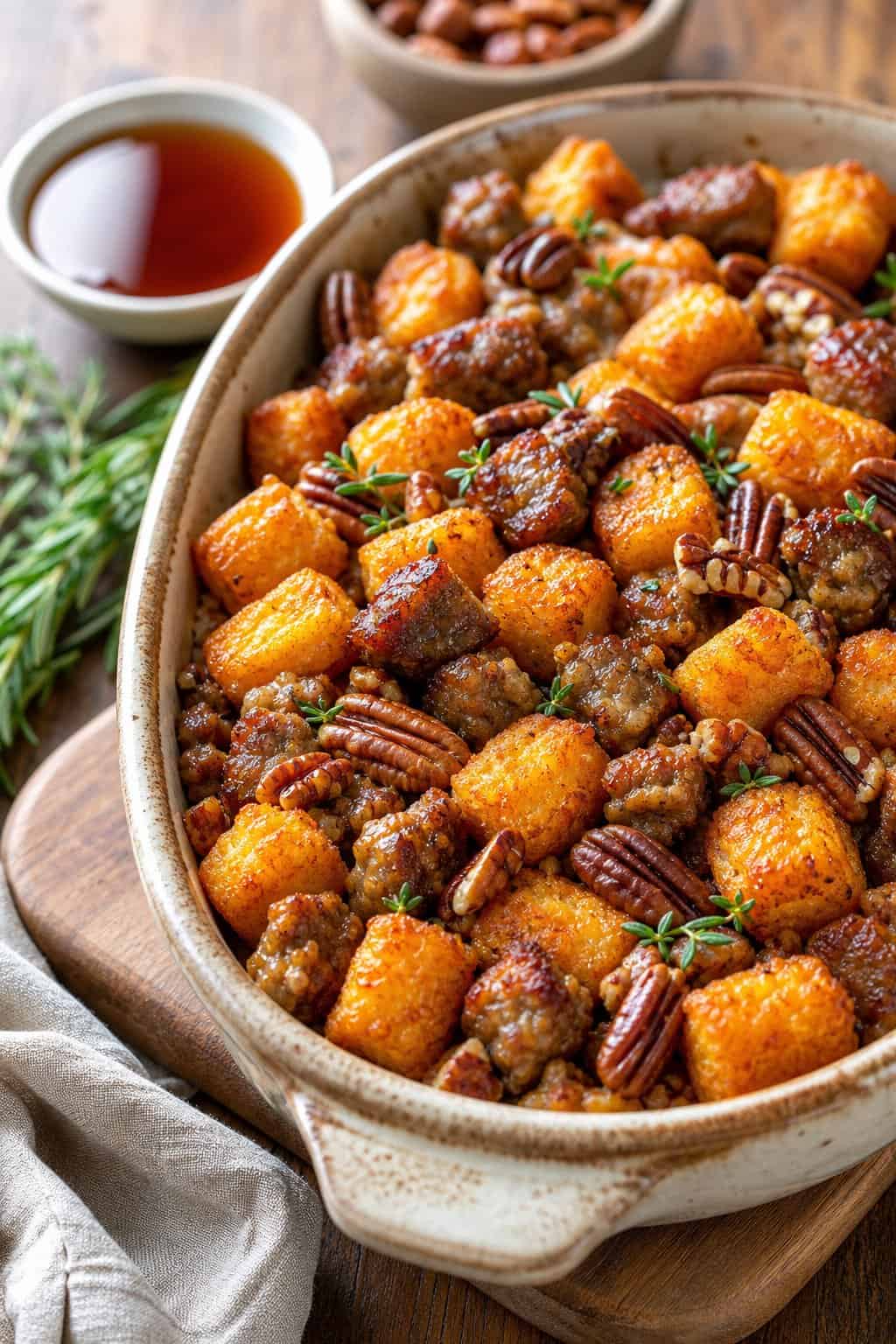 30 Tater Tot Breakfast Casseroles That Feed a Crowd 15 A breakfast casserole with sweet potato tots, maple sausage, and pecans in a baking dish on a wooden table.