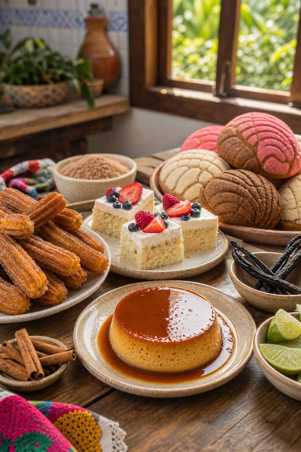 A table displaying a variety of traditional Mexican desserts including churros, flan, tres leches cake, and sweet breads with natural light coming through a window.