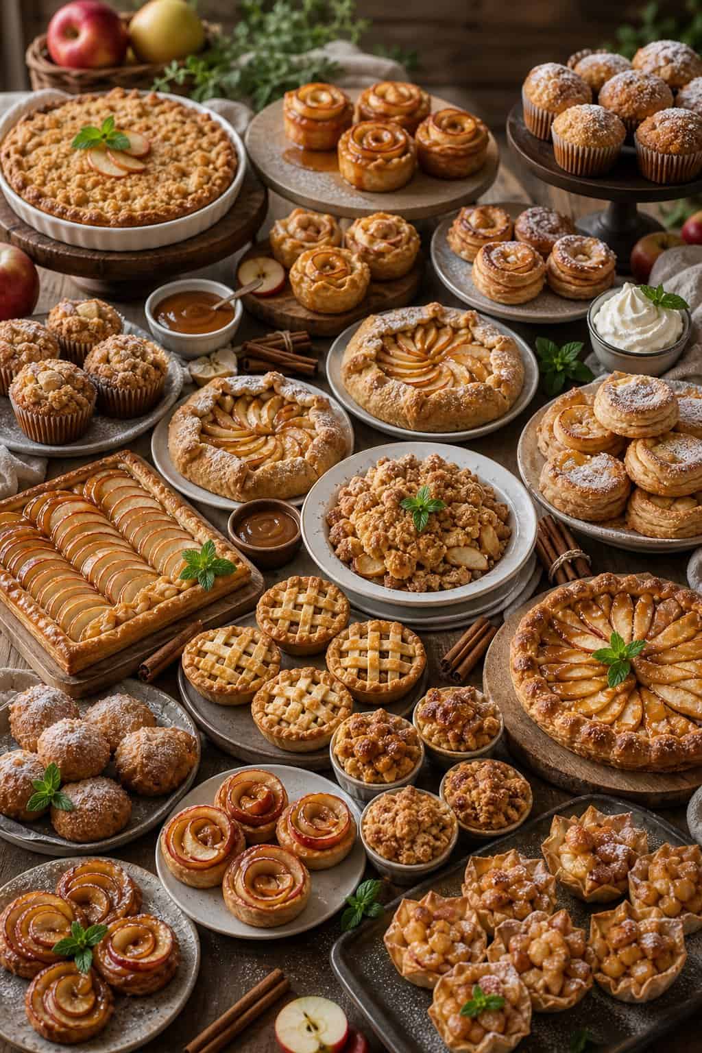 30 Apple Dessert Recipes That Look Fancy With Zero Effort 2 A table filled with various apple desserts including tarts, crumbles, muffins, and pies, garnished with apple slices and cinnamon sticks.