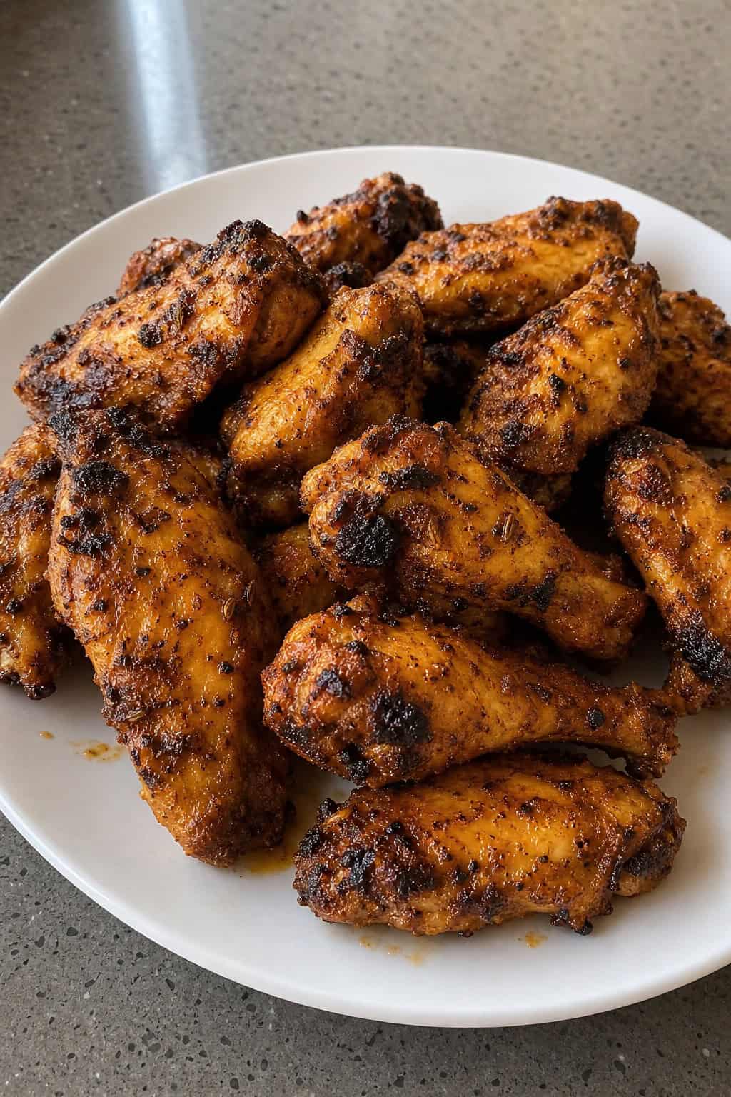 Plate of golden-brown tandoori yogurt-marinated chicken wings garnished with cilantro and red onions, served with a bowl of dipping sauce on a wooden table.