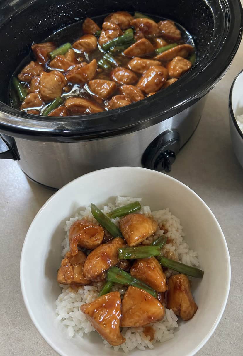 A crockpot filled with teriyaki chicken surrounded by various ingredients and spices on a kitchen counter