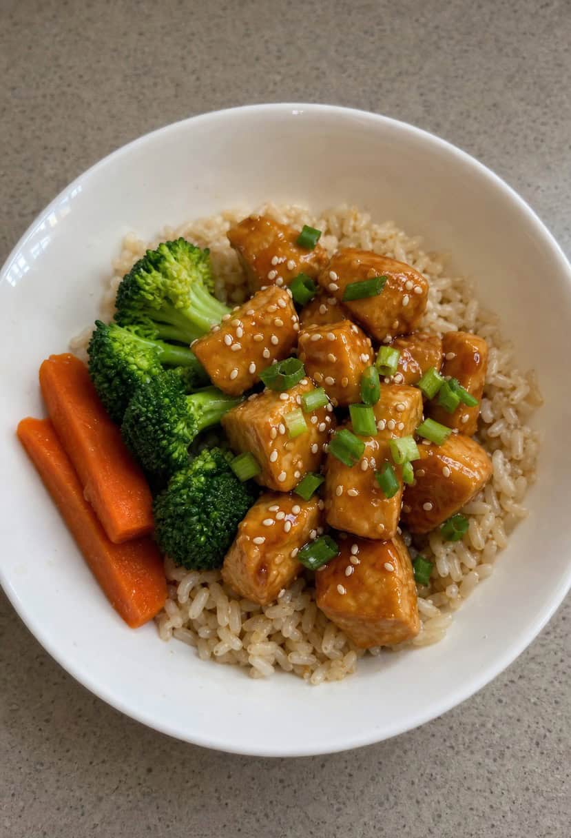 A steaming bowl of teriyaki chicken, rice, and vegetables, garnished with sesame seeds and green onions, sits on a wooden table