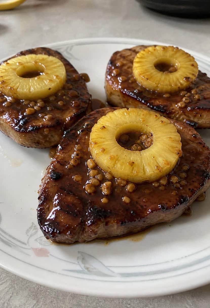 A sizzling pork chop smothered in teriyaki sauce and topped with juicy pineapple slices on a hot grill