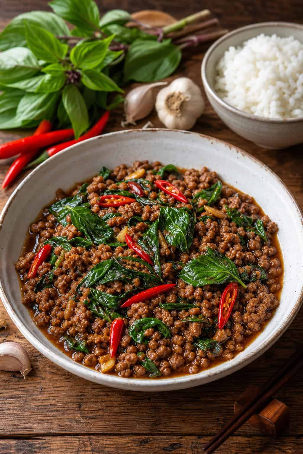 17 Easy Ground Beef Recipes for Weeknight Dinners 18 A bowl of Thai Basil Beef with ground beef, green basil leaves, and red chili peppers, served with steamed rice on a wooden table.