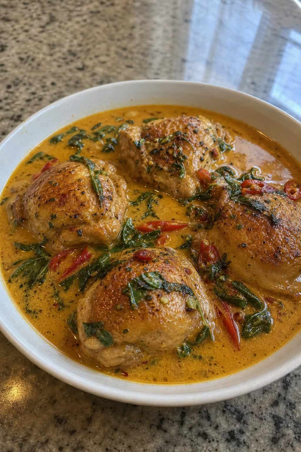 A bowl of Thai coconut curry chicken thighs garnished with fresh basil on a wooden table with fresh ingredients around it.