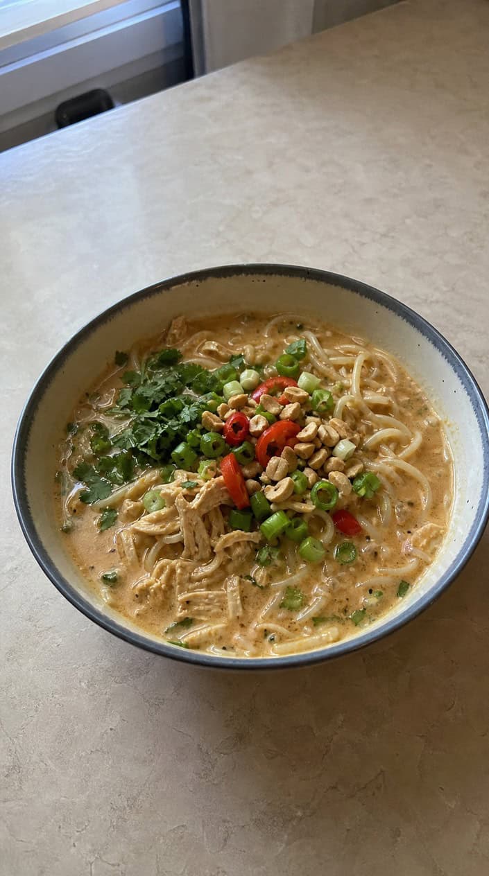 A bowl of Thai peanut chicken noodle soup garnished with peanuts, cilantro, and lime on a wooden table.