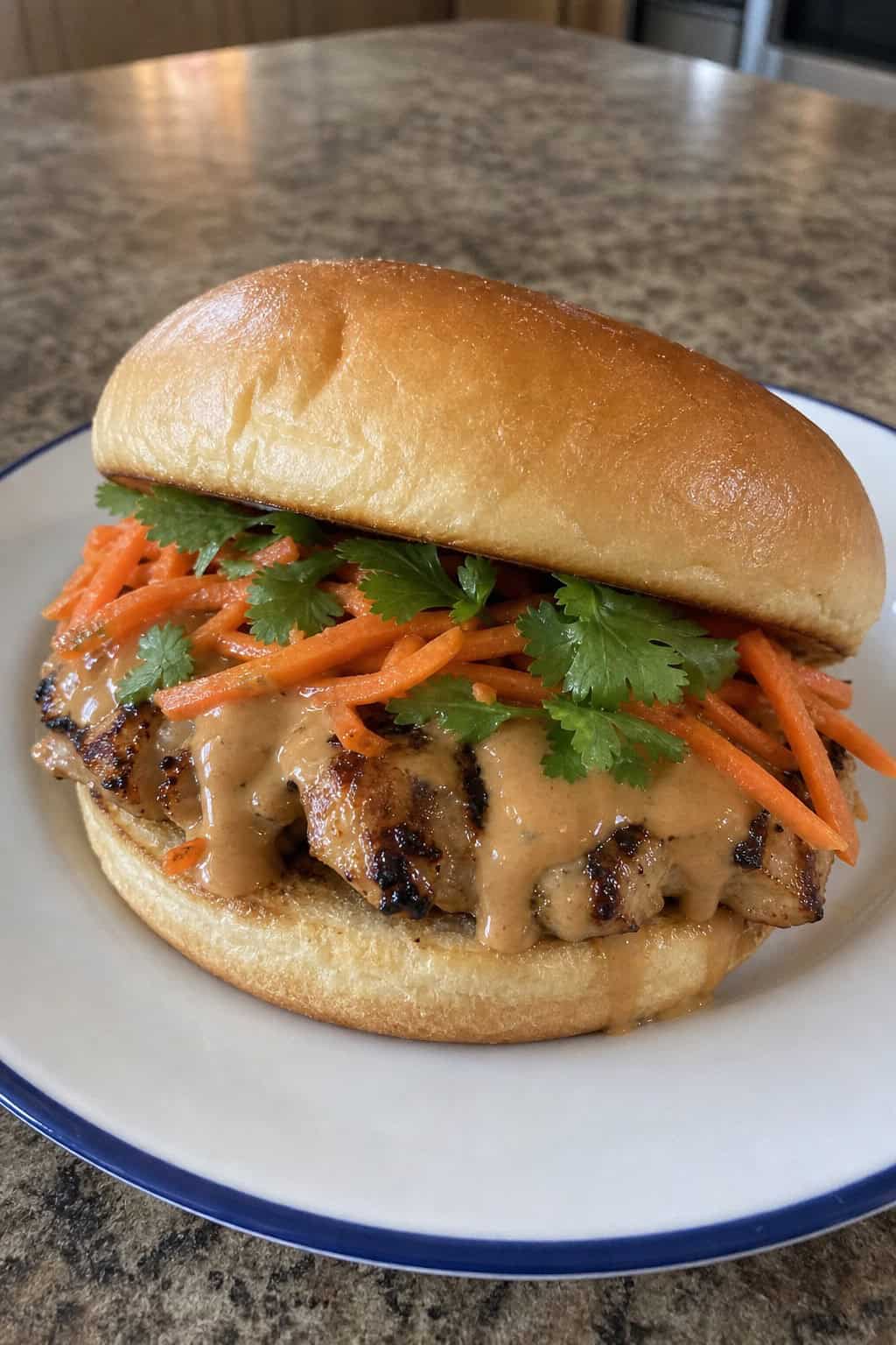A Thai peanut chicken sandwich with shredded orange carrot and fresh cilantro on a toasted bun, placed on a wooden surface