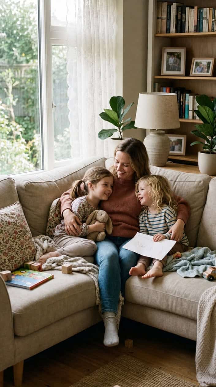 A mother on a tan fabric couch with two small children pressed close on either side, all three mid-laugh in a bright, simply furnished living room.
