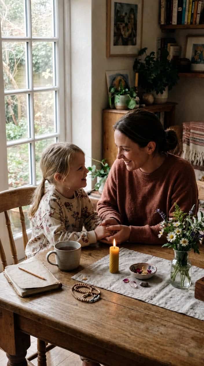 A mother and daughter sitting at a wooden table, hands clasped together, afternoon light falling across them from a nearby window.