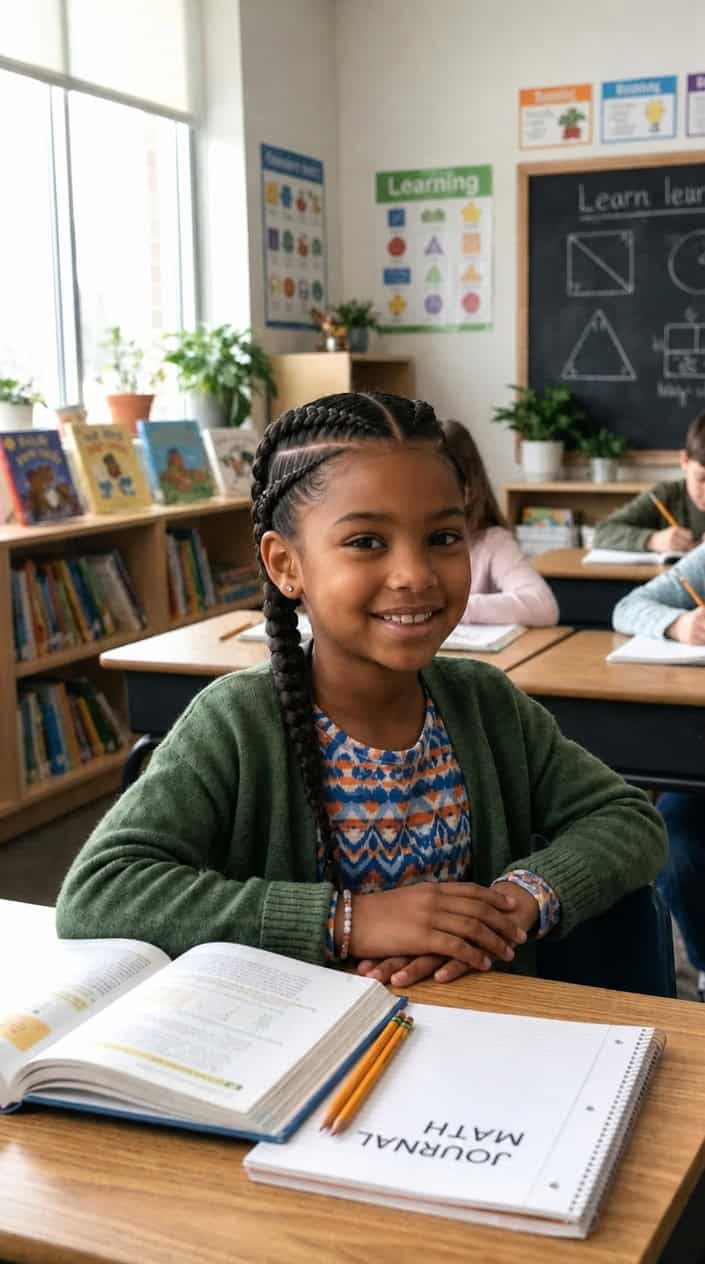 A young girl sitting in a classroom smiling with neatly braided hair.