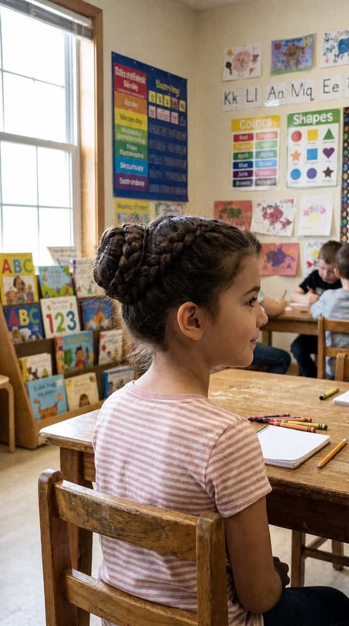 Young girl sitting in a classroom with her hair styled in a braided bun.