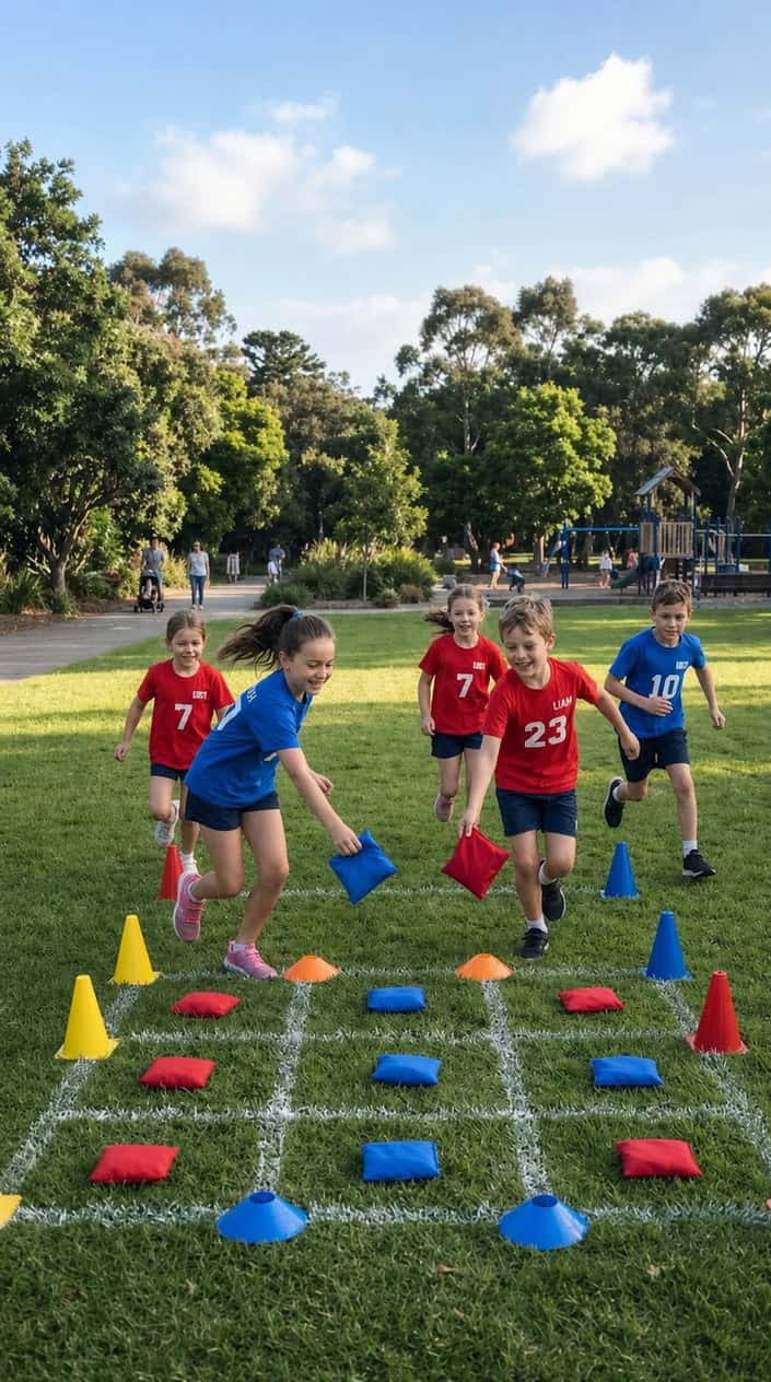 Children playing a tic-tac-toe sprint game outdoors using cones and beanbags on a grassy field.