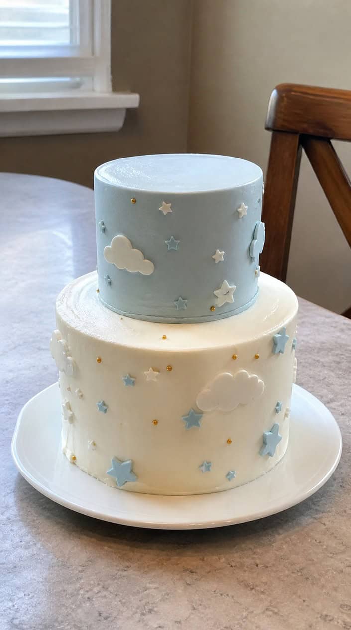 A tiered white and pale blue smash cake on a white stand on a wooden table.