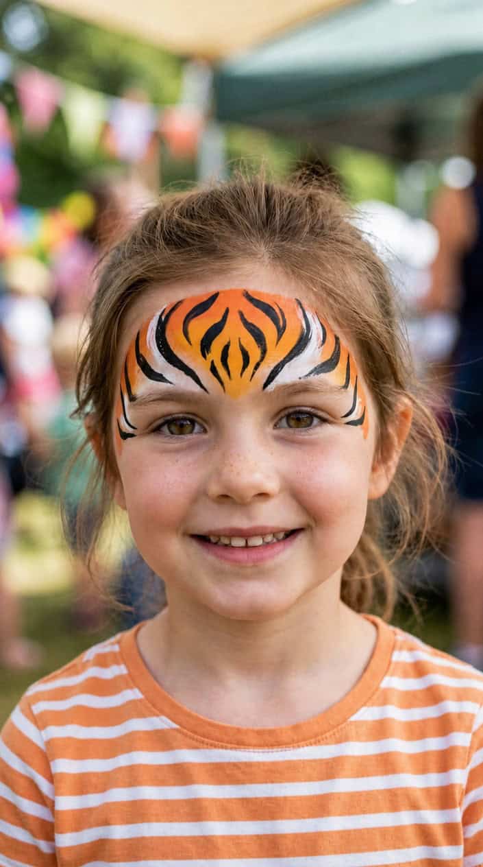 Close-up of a child smiling with tiger stripe face paint on their forehead.
