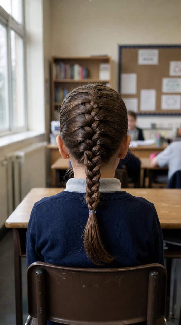 Back view of a young girl with a tightly braided hairstyle secured at the nape of her neck.