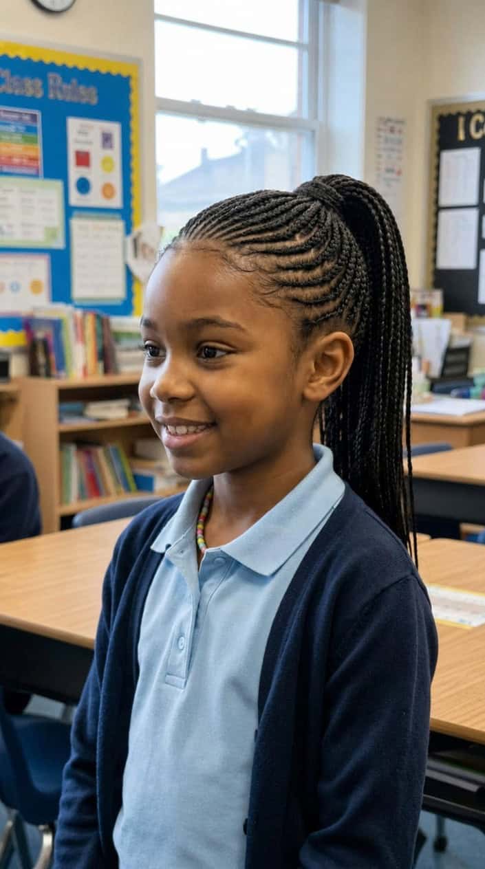 A young girl smiling with her hair braided into a ponytail, standing in a school setting.