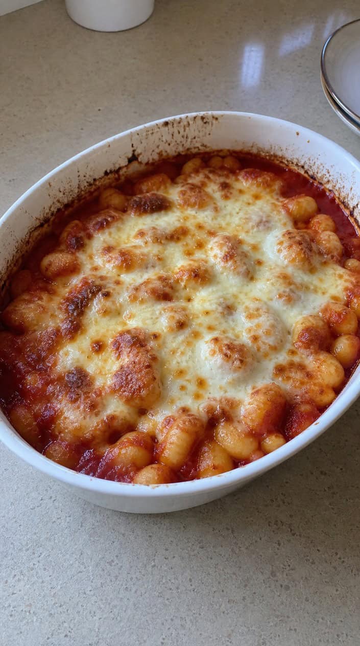 A deep ceramic baking dish filled with gnocchi in rusty-red marinara, blanketed by irregularly melted mozzarella with golden-brown bubbled patches, and a few torn basil leaves on top.