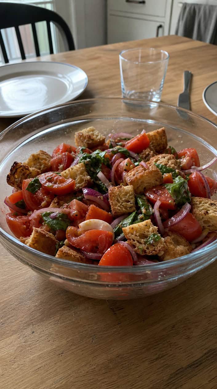 A bowl of tomato basil panzanella salad with tomatoes, basil, and toasted bread on a wooden table in an outdoor backyard setting.
