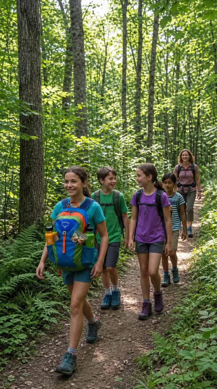 18 Kid-Friendly Outdoor Summer Activities for Tweens and Older Kids 17 A group of children walking single file on a shaded forest trail, the leader carrying a worn green backpack, dappled sunlight coming through the tree canopy above them.
