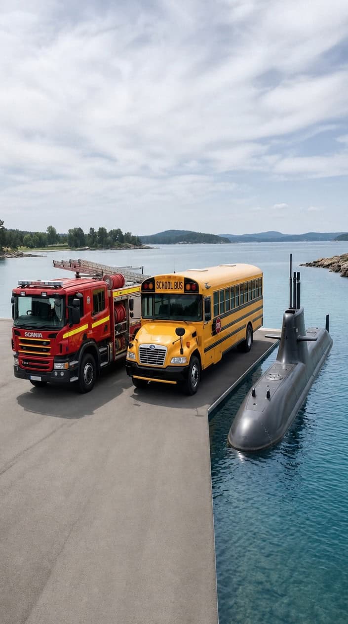 A fire truck, a school bus, and a submarine displayed side by side against a bright background.