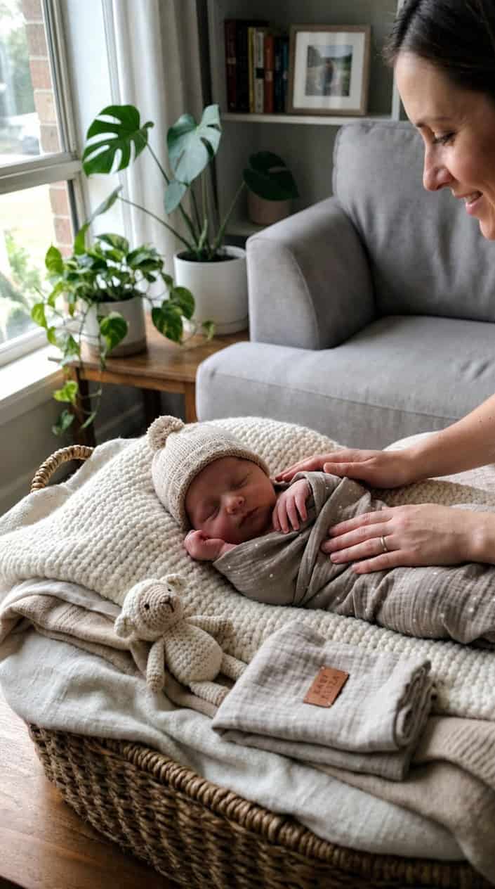 At-Home Newborn Photo Setups: 13 Ideas That Look Professional on a Phone Camera 15 A newborn baby peacefully sleeping on a soft blanket with gentle natural light and a parent softly comforting the baby in a cozy home setting.