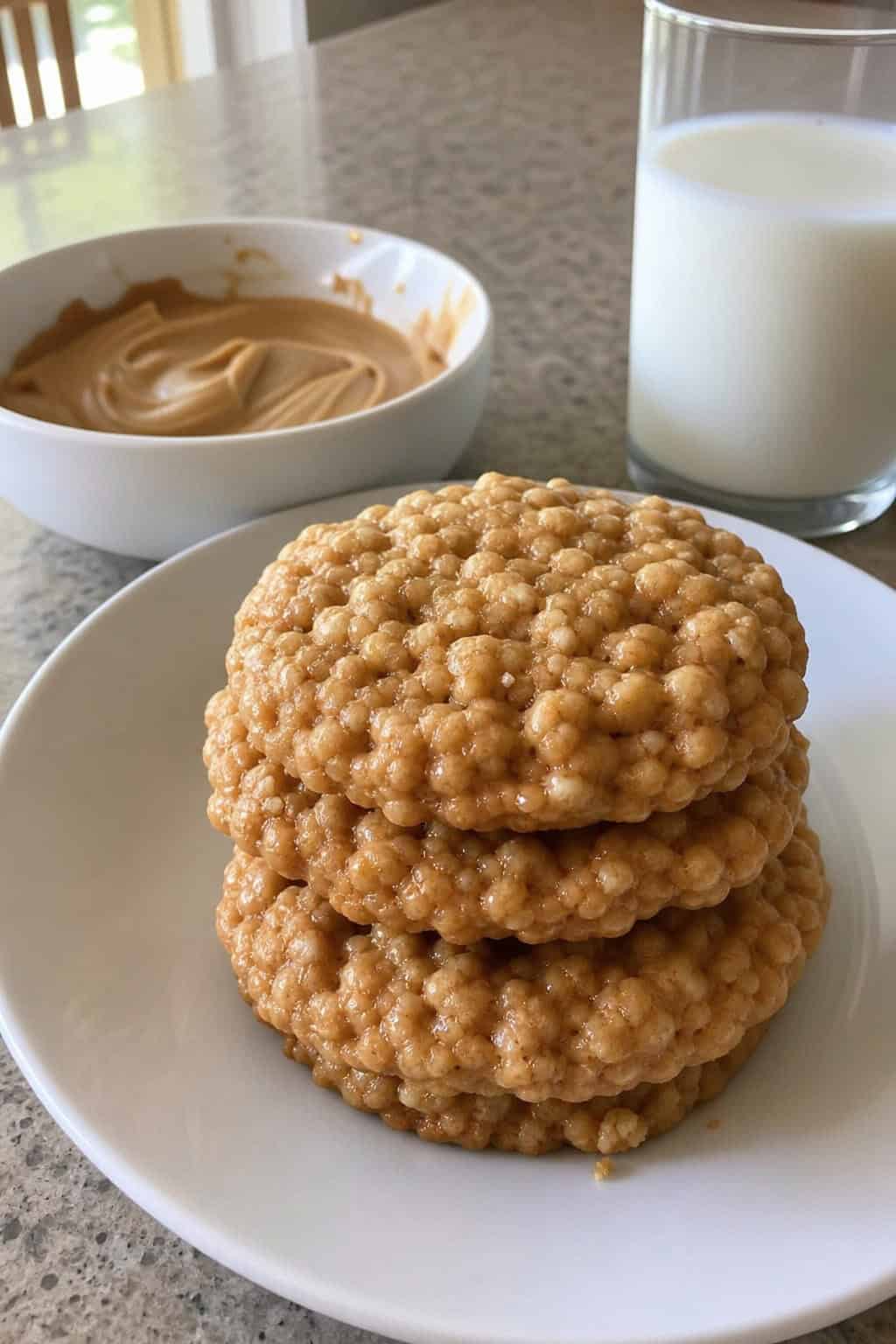 Three peanut butter crispies stacked on a wooden surface with a bowl of peanut butter and a glass of milk in the background.
