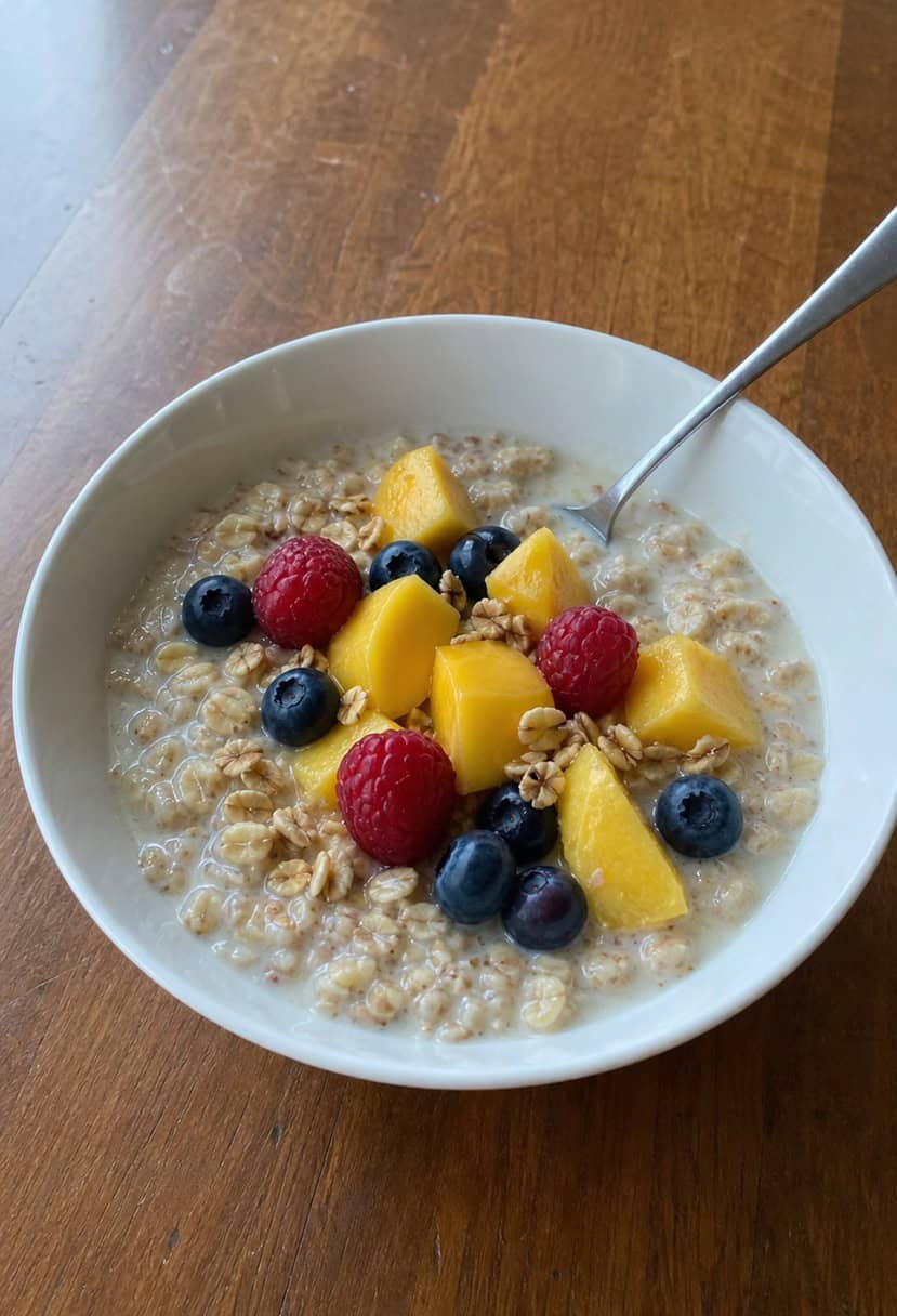 A bowl of overnight oats with tropical fruit toppings on a wooden table with a spoon beside it