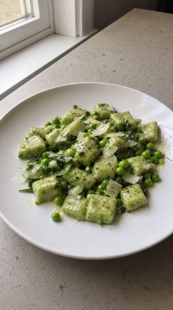 A wide white bowl of gnocchi and bright green peas with a visible sheen of butter and truffle oil, garnished with lemon zest curls and chopped parsley against a light linen background.