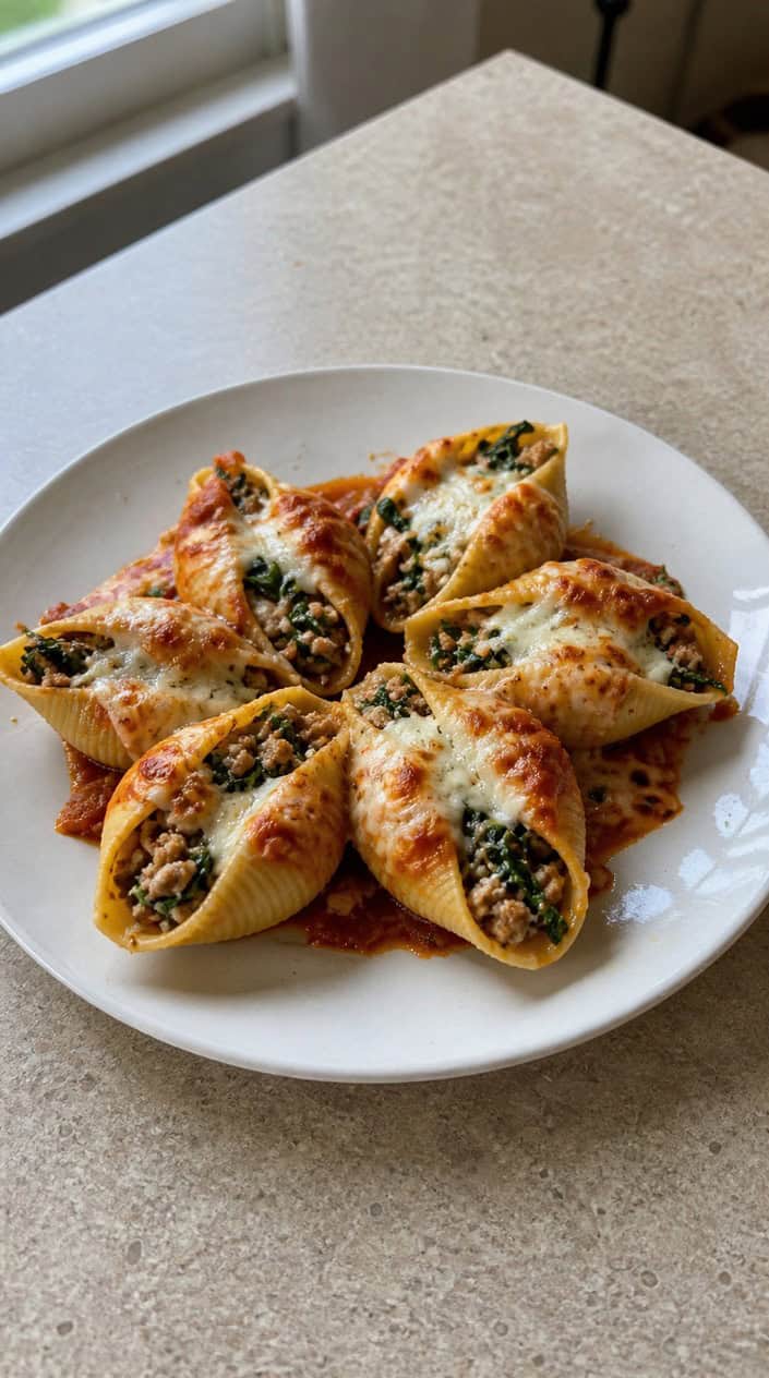 A plate of turkey and spinach stuffed pasta shells topped with melted cheese, surrounded by fresh spinach and cherry tomatoes on a wooden table.
