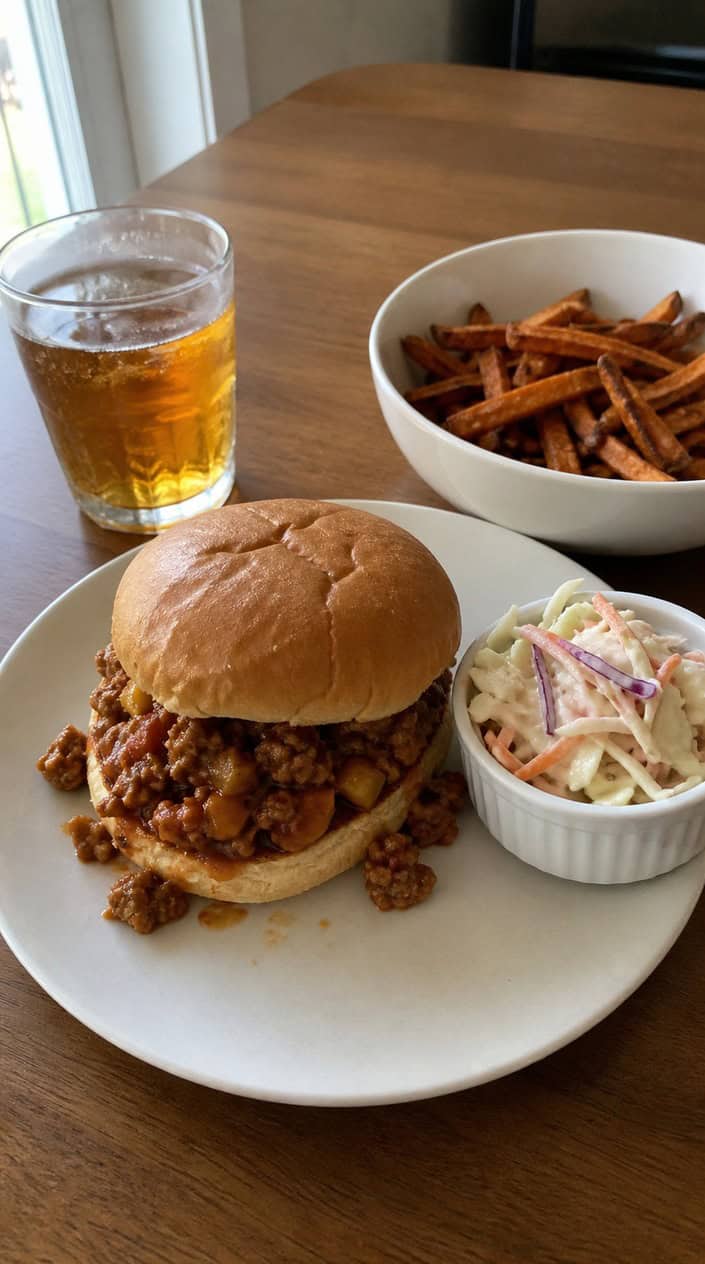 A turkey and apple sloppy joe on a toasted potato roll with creamy coleslaw, plated next to a pile of sweet potato fries on a pale wood surface.