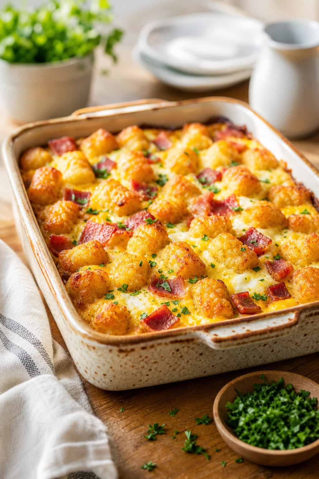 A baked breakfast casserole with turkey bacon, egg whites, and crispy tater tots in a ceramic dish on a wooden table.