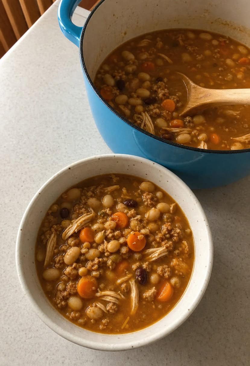 A pot of bubbling turkey chili surrounded by various inexpensive ingredients like beans, tomatoes, and spices on a kitchen counter