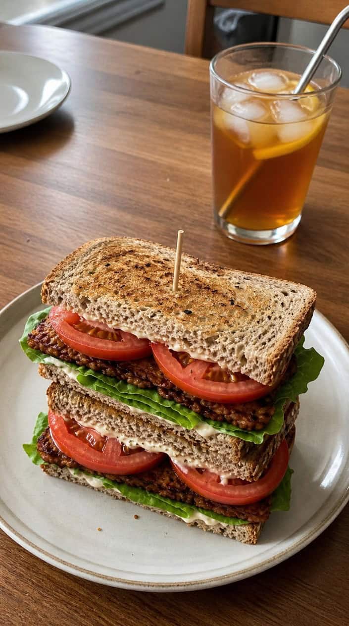A halved BLT-style sandwich on lightly toasted bread, showing layers of crisped dark-brown tempeh slices, bright green lettuce, and thick red tomato, plated next to a small side salad and a glass of iced tea.