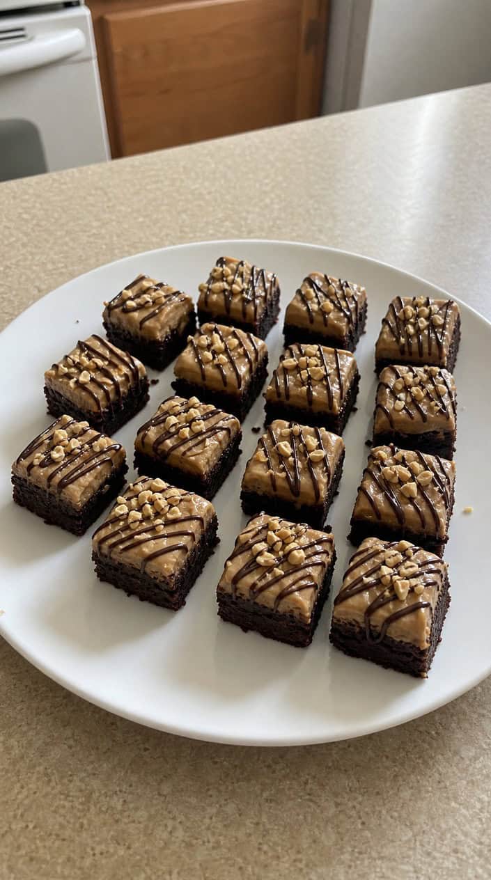 Two fudgy peanut butter brownie bites on a small wooden board, with a ramekin of creamy peanut butter and a scatter of whole peanuts in the soft-focus background.
